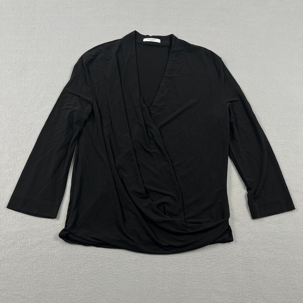 MM LaFleur Deneuve Black Faux Wrap Draped V-Neck Blouse 3/4 Sleeve Women's L